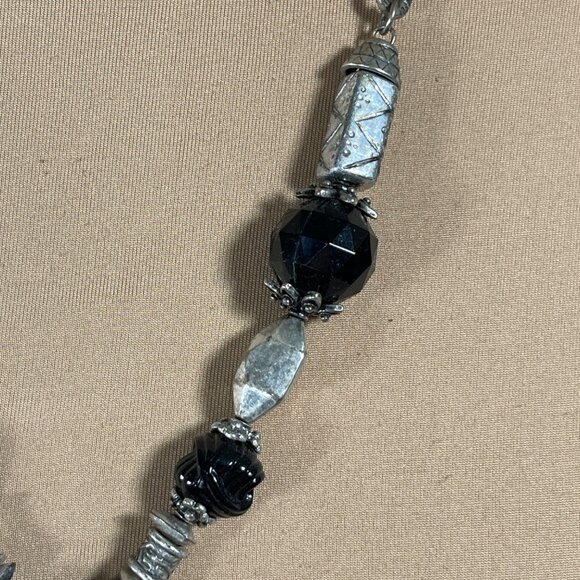 CJ Chunky Silver Tone Necklace Black Beaded Statement Long - Picture 3 of 6